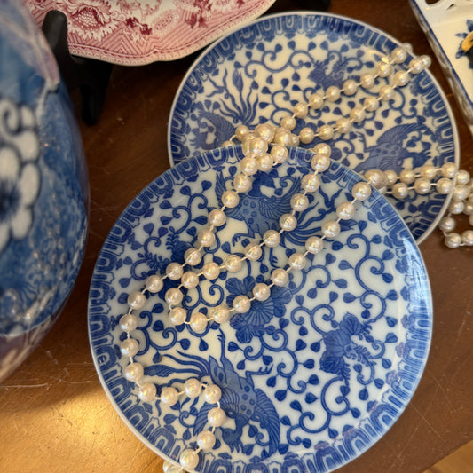 Set of 2 rare blue and white chinoiserie Phoenix porcelain trinket dishes 5 d