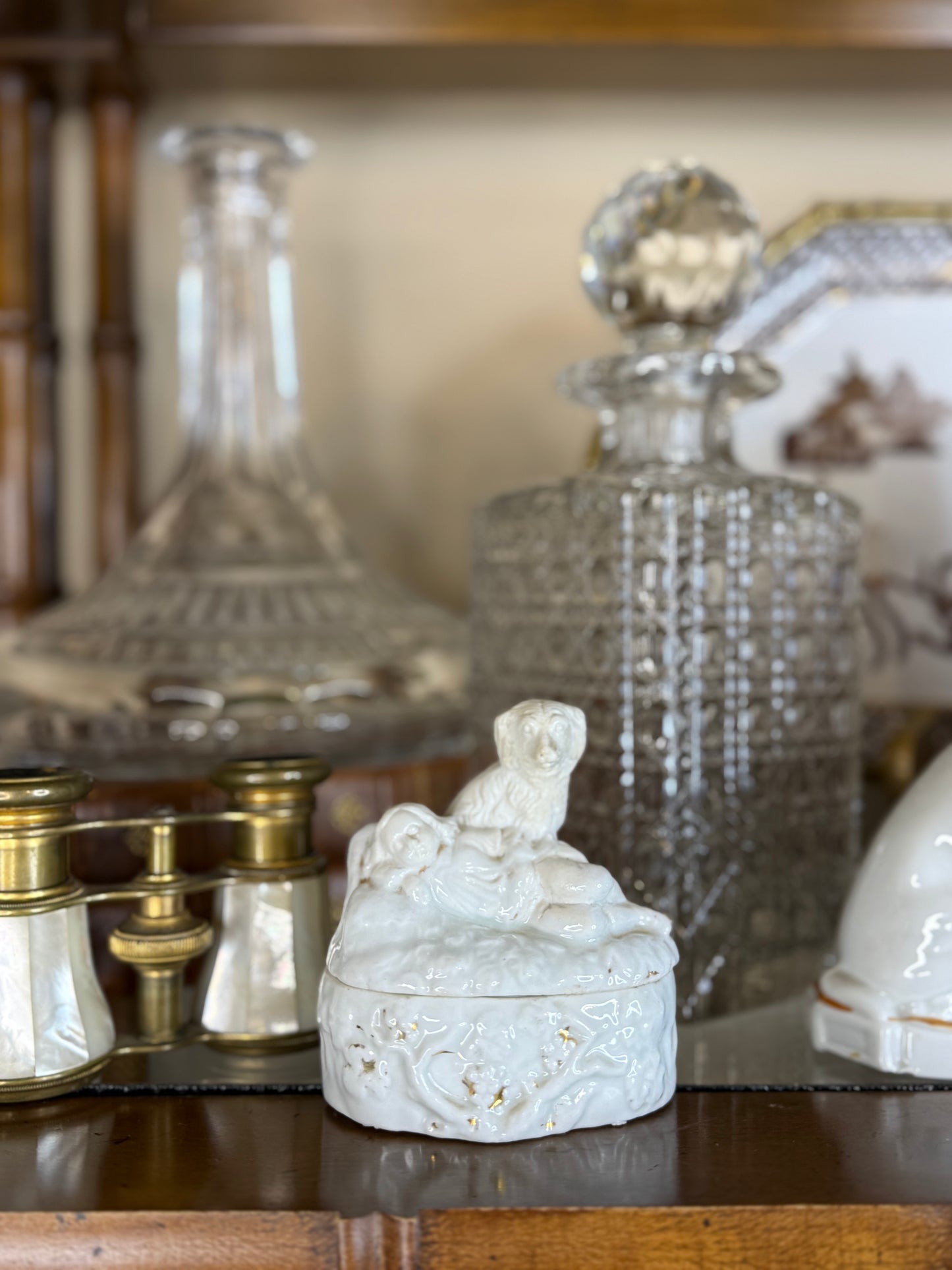 Antique Staffordshire-Style Spaniel & Child Box | c. 1850–1870