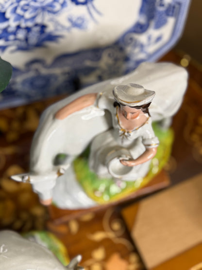 Antique Staffordshire Cow & Milkmaid Flatback Figures | Right & Left Pair | Victorian England | c.1860