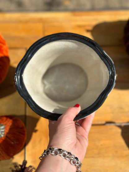Danny's Fine Porcelain - Black & Which Check Jar W/ Bronze Lid and Shell Handles - 9L X 7W X 10H