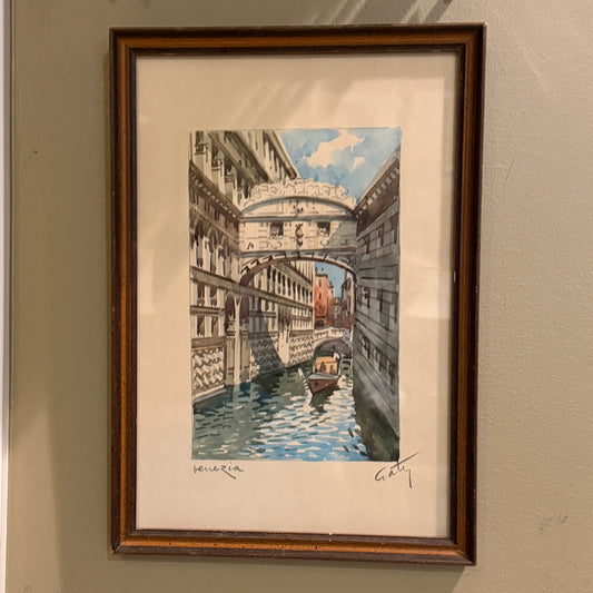 Signed original vintage watercolor artwork of Venice Italy canals
