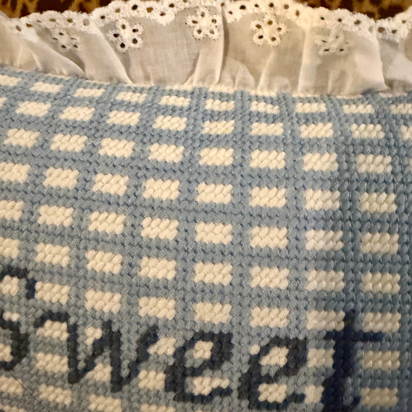 Beautiful blue gingham & eyelet needlepoint pillow 12 x 8