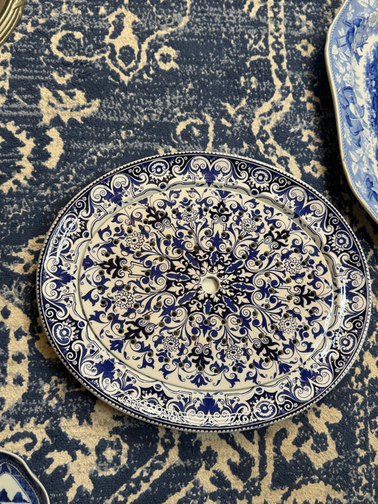 RESERVED - DA4393 - Wedgwood blue and white renaissance style pattern platter with matching drainer, c.1900