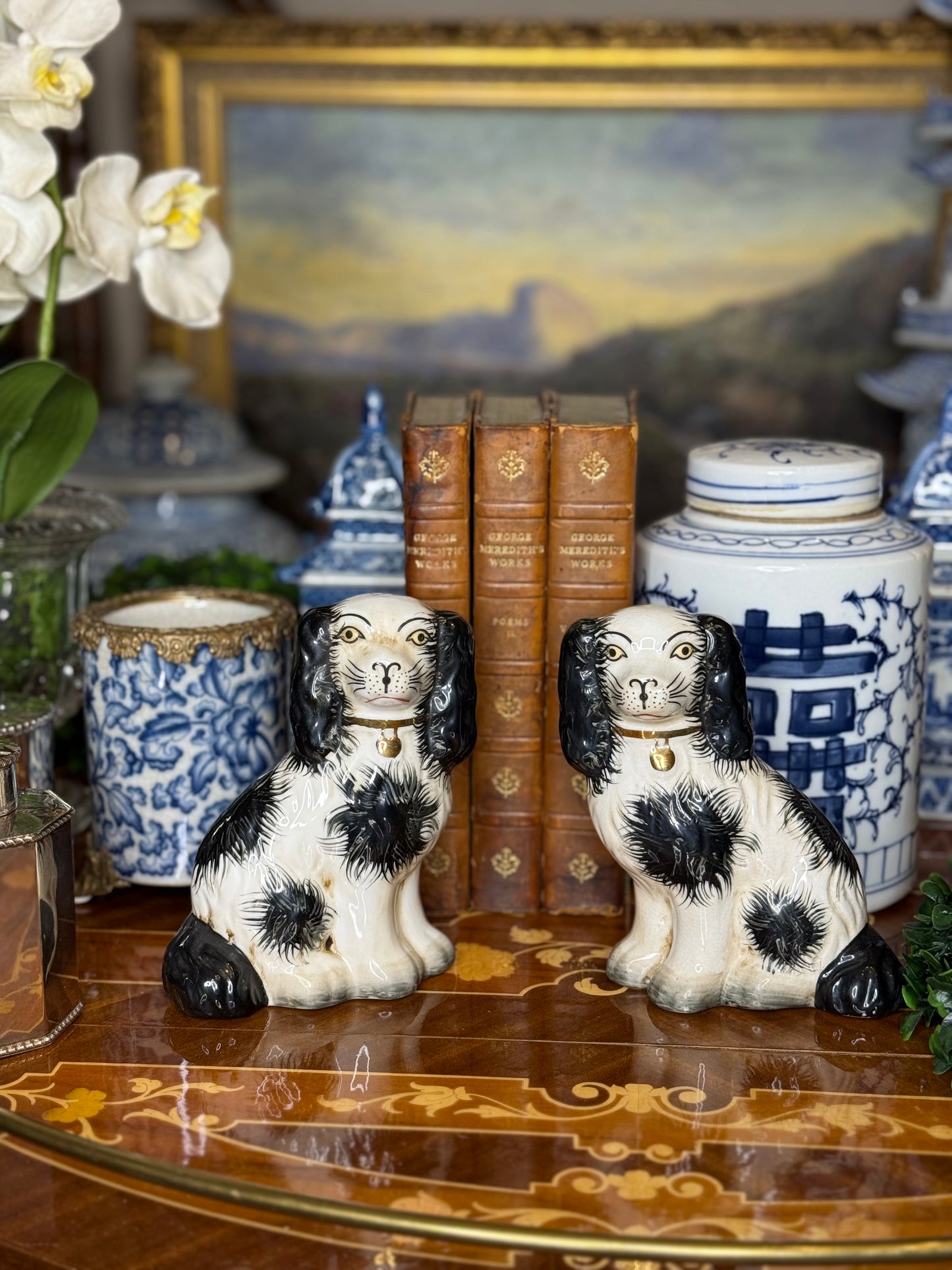 Danny’s Fine Porcelain: Black/White, 6” Tall Mantle Spaniel Dog Pair