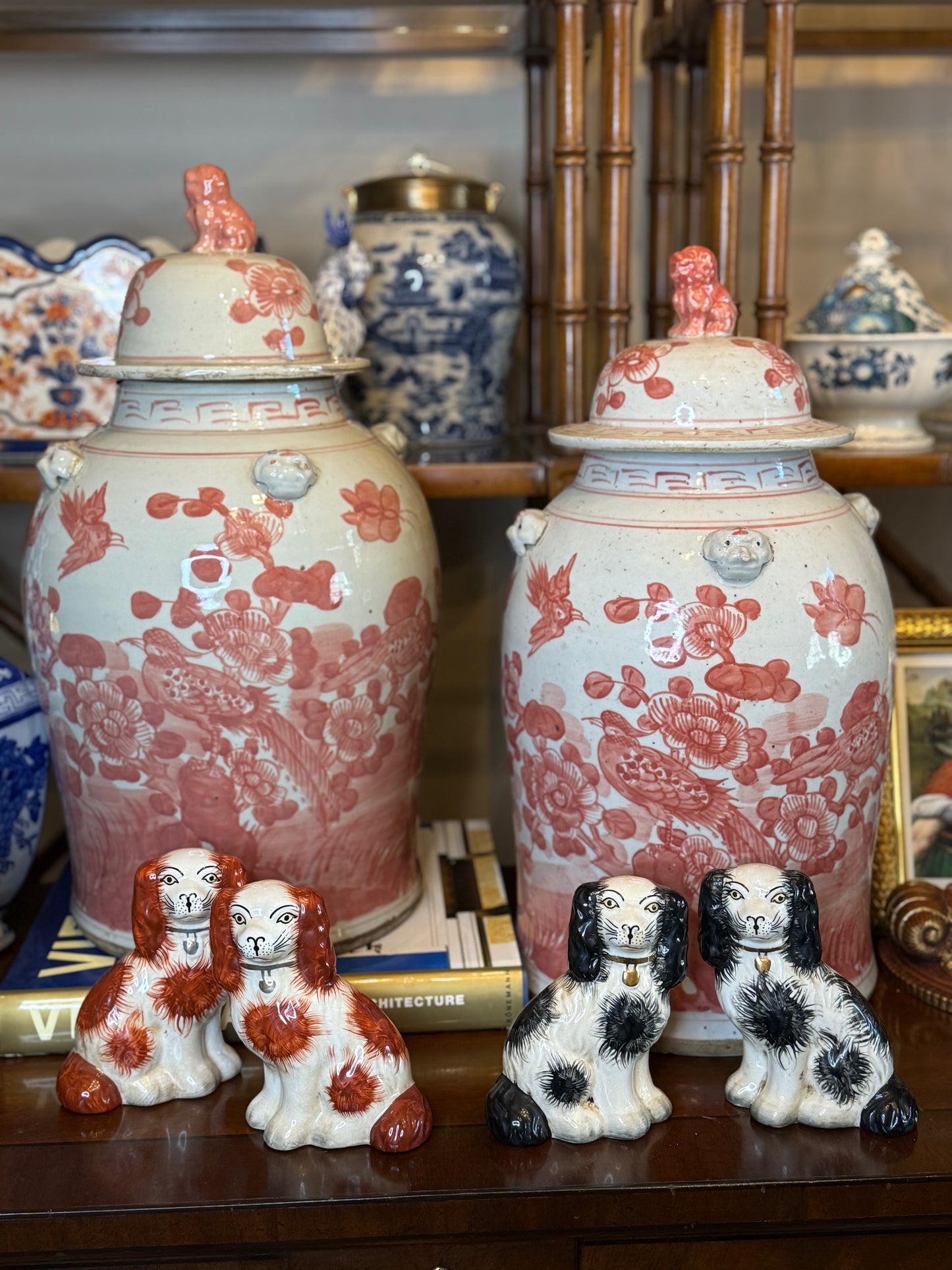 Danny’s Fine Porcelain: Red and White Porcelain Ginger Jar with Foo Dog Finial – 24” Tall
