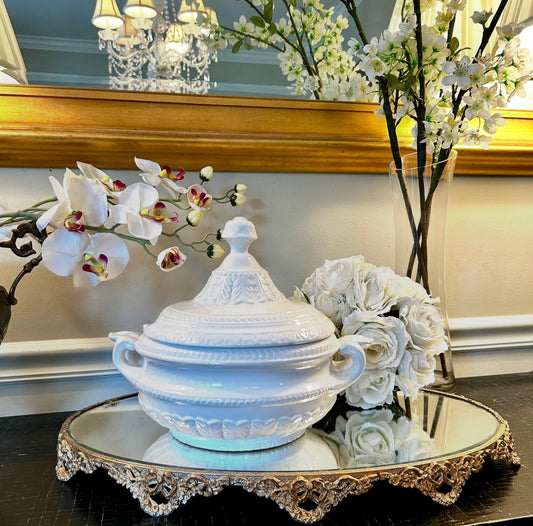 Designer vintage chic white tureen planter made in Portugal
