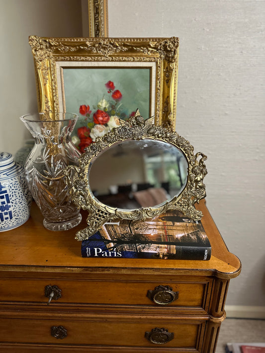 STUNNING! Antique Victorian Brass Cherub Vanity Mirror - late 19th Century