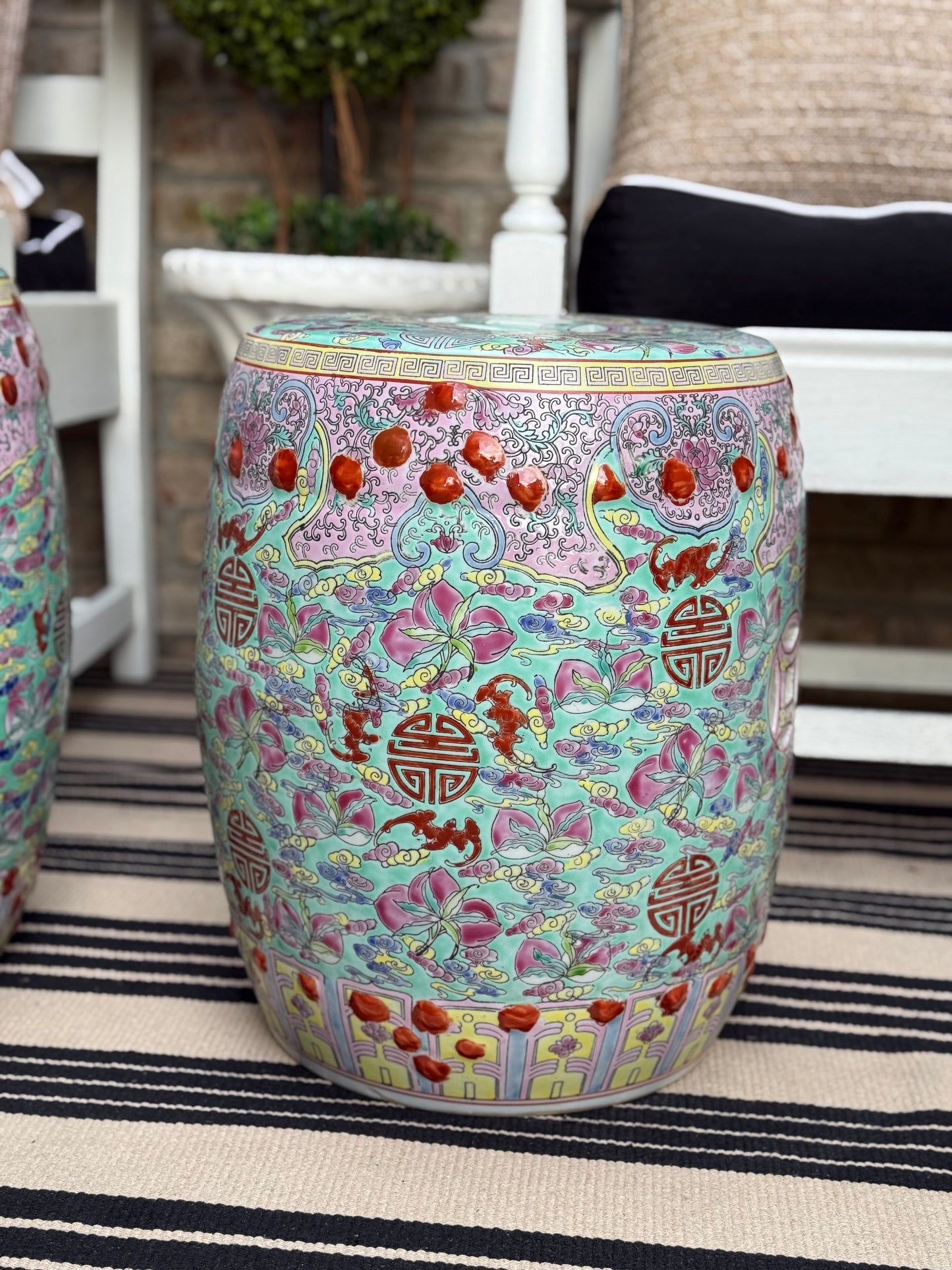 Danny’s Fine Porcelain - Hand Painted Porcelain Garden Stool, Green & Peach Palette: 12.5”L x 12.5”W x 15.75”H” (Sold Individually)