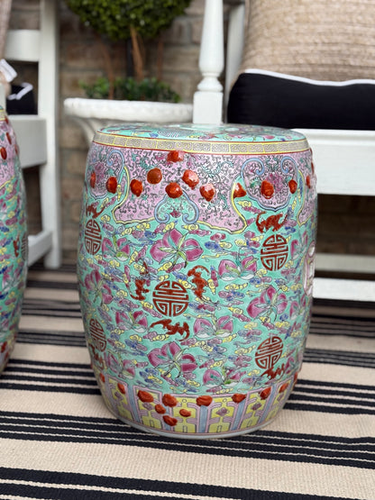 Danny’s Fine Porcelain - Hand Painted Porcelain Garden Stool, Green & Peach Palette: 12.5”L x 12.5”W x 15.75”H” (Sold Individually)