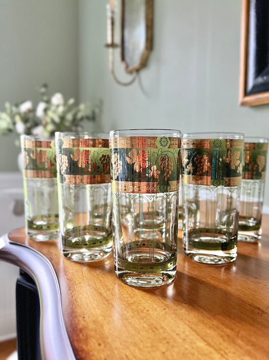 Set of 8, Vintage Cera “Golden Grapes” Highball Glasses
