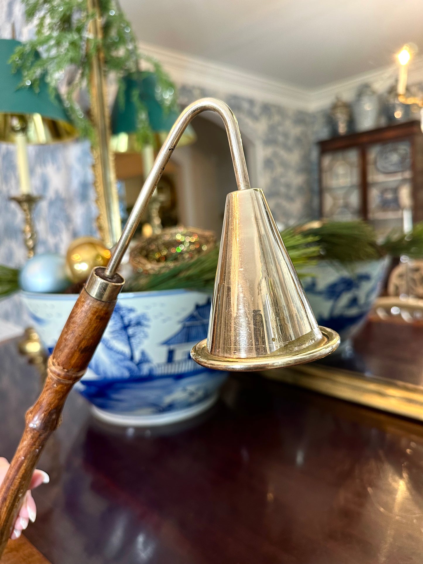 XL Vintage Brass & Wood Candle Snuffer, Measures 16” long x 5” high.