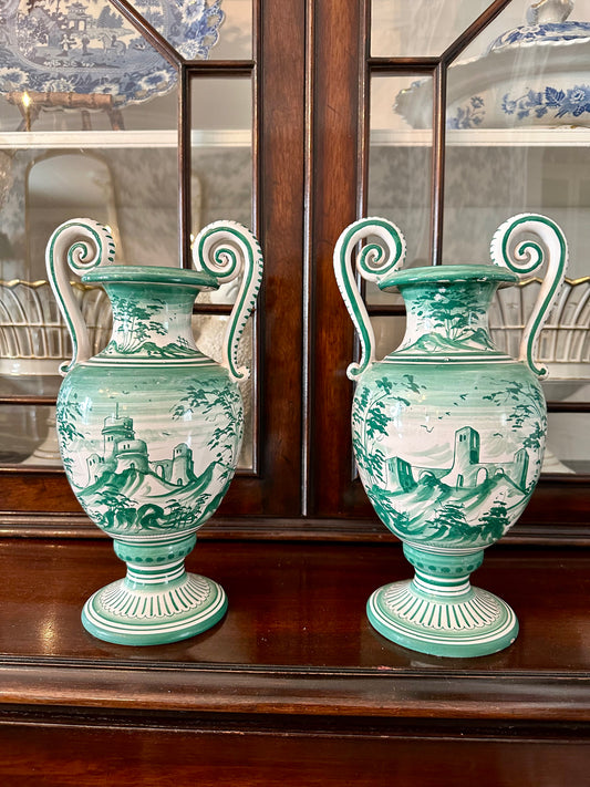 Gorgeous Pair of Green Handpainted Italian Urns Vases