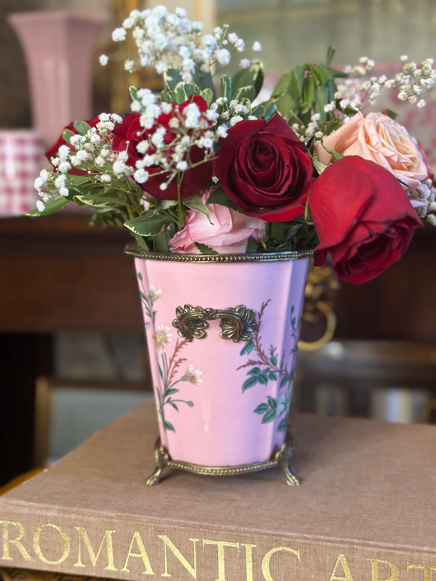 Danny's Fine Porcelain: Pink Floral Footed Basin/ Planter: Birds, Hand Painted, 9x6x7”