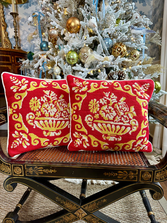 Pair of Gorgeous Red & Gold w White Florals in Urn Needlepoint Pillows