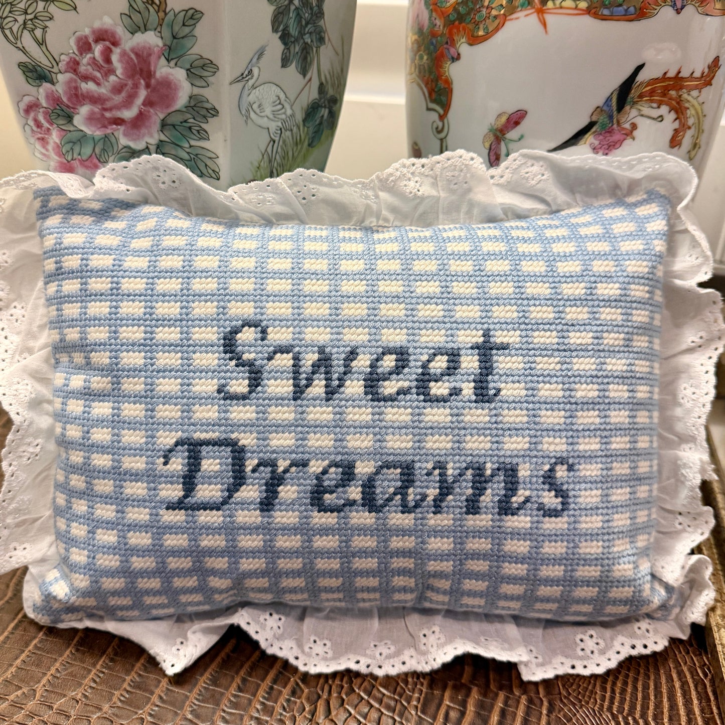 Beautiful blue gingham & eyelet needlepoint pillow 12 x 8