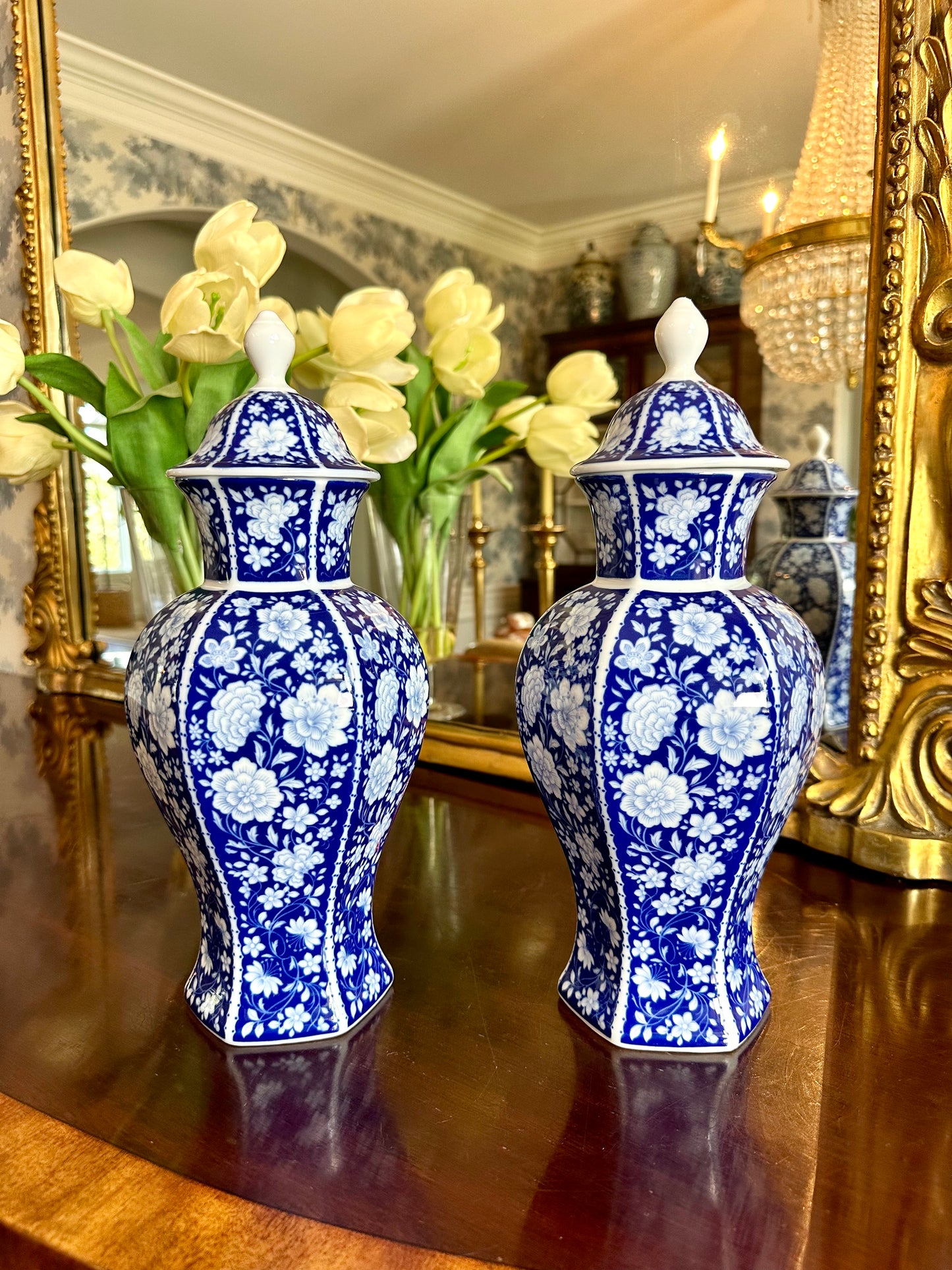 Beautiful German Pair of Blue & White Floral Porcelain Urns, 12.5” high x 5.5” wide - Pristine!
