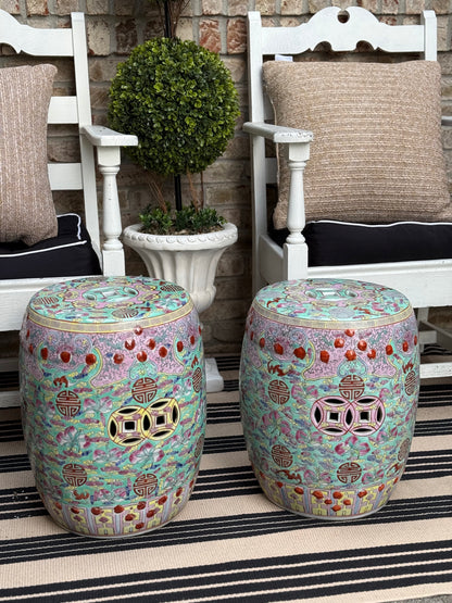 Danny’s Fine Porcelain - Hand Painted Porcelain Garden Stool, Green & Peach Palette: 12.5”L x 12.5”W x 15.75”H” (Sold Individually)