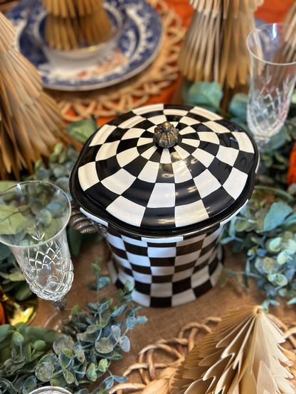 Danny's Fine Porcelain - Black & Which Check Jar W/ Bronze Lid and Shell Handles - 9L X 7W X 10H