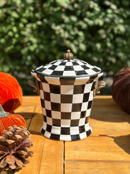 Danny's Fine Porcelain - Black & Which Check Jar W/ Bronze Lid and Shell Handles - 9L X 7W X 10H