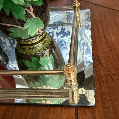 Gorgeous vintage rectangular perfume mirrored tray with brass rail 14 x 8