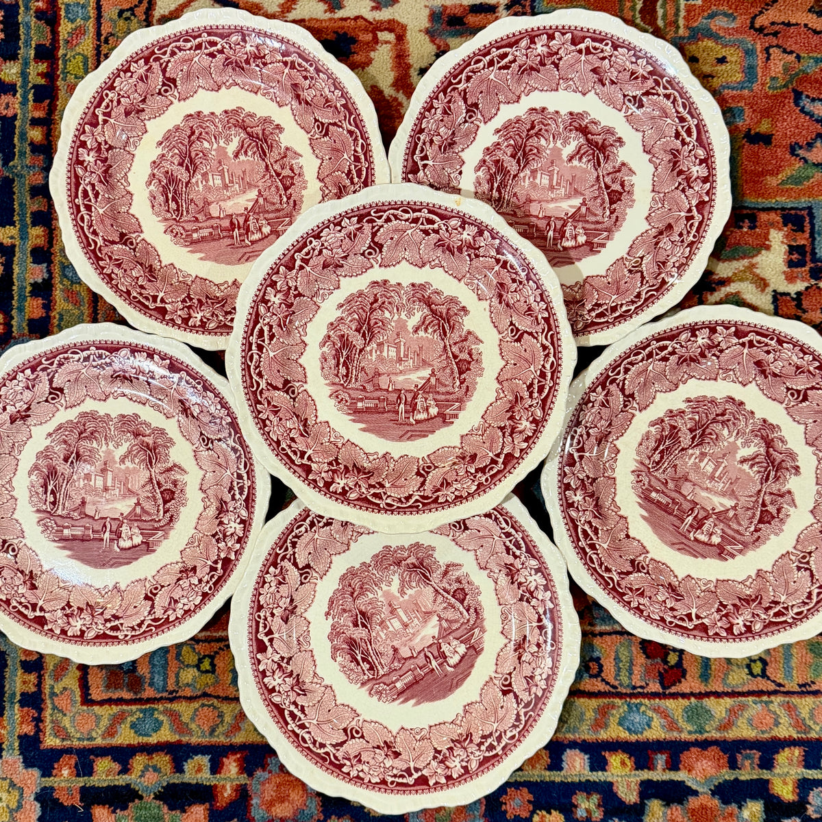 Rare Set of 8 Mason's Vista Pink Red willow dinner plates 10d