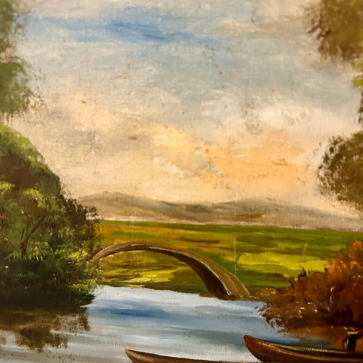 Delightful open air landscape & water original oil painting .