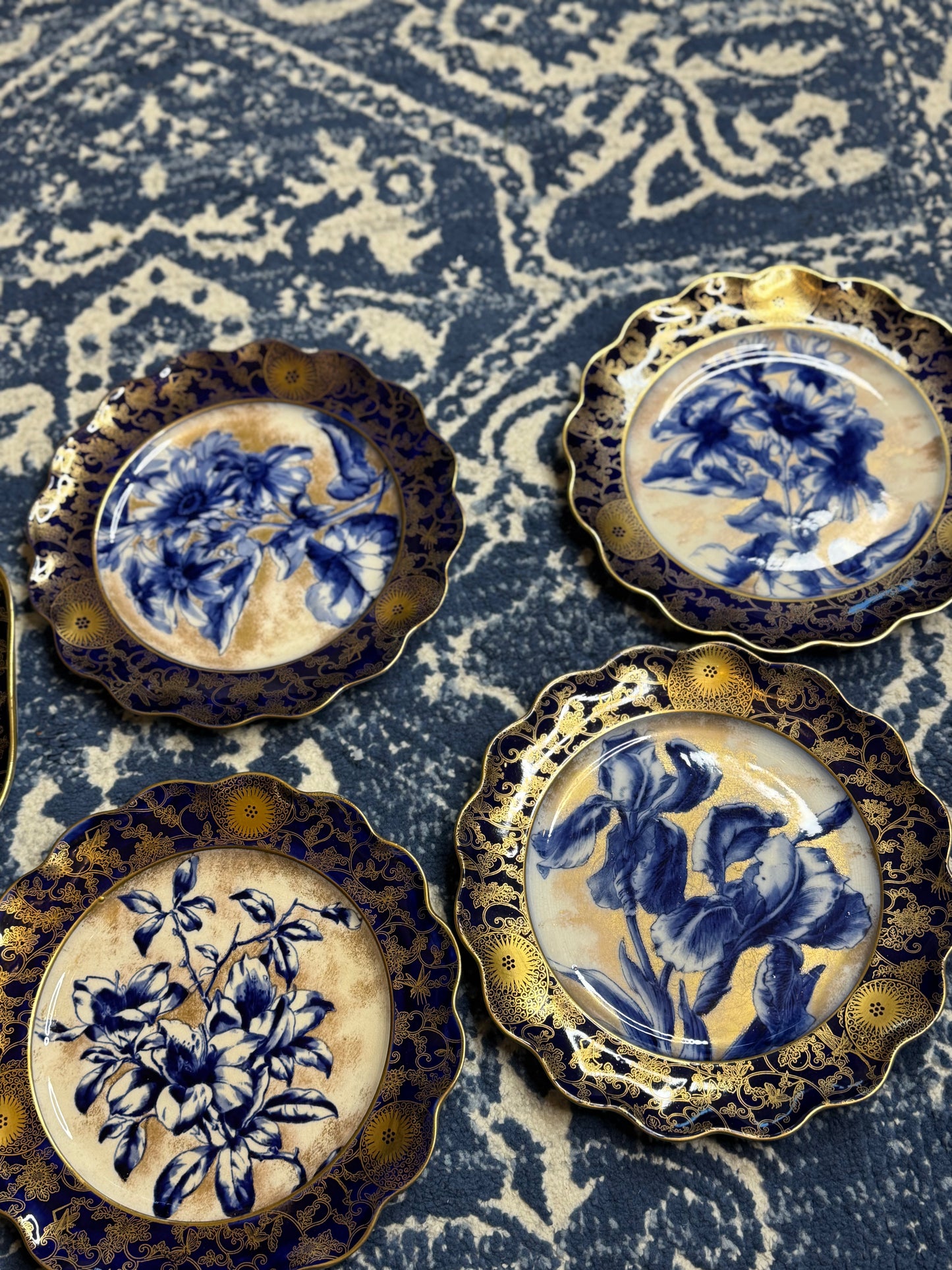 Antique Doulton Burslem “Blue Iris” Platter & (12) Scalloped 9.5”D Plates | England, c. 1890–1902