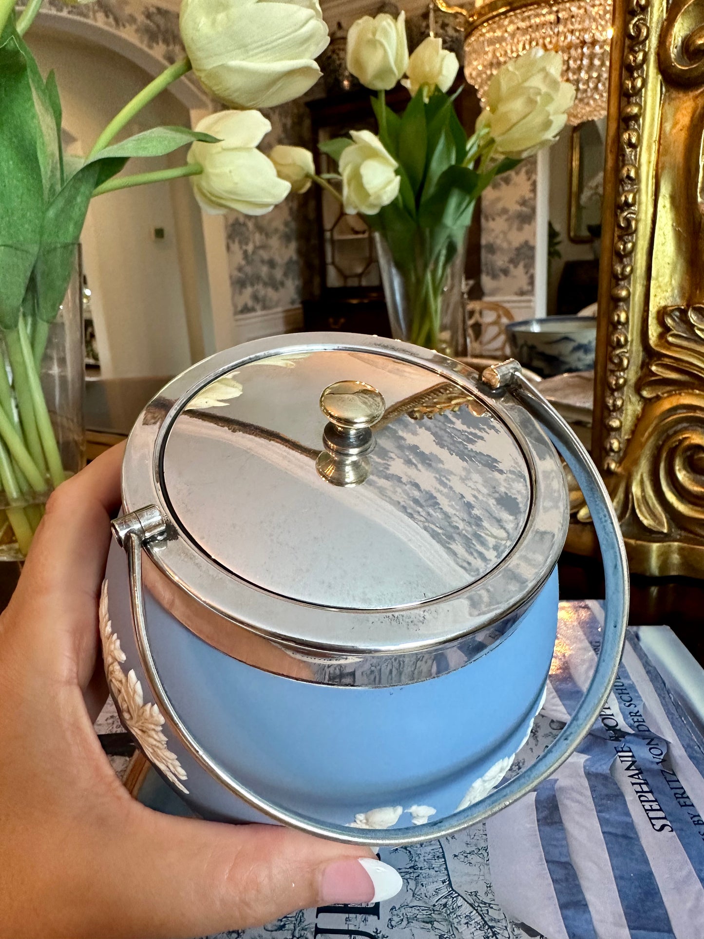 English Vintage Blue Jasperware Dudson Biscuit Barrel, 5.35” tall - Excellent!
