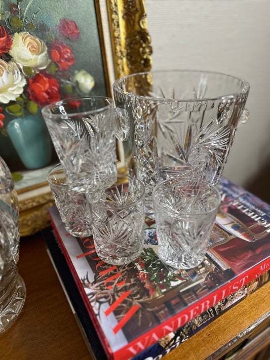 PRISTINE! Very Heavy Crystal Champagne/Ice Bucket with matching set of 4 Whiskey Tumblers (American Brilliant?)