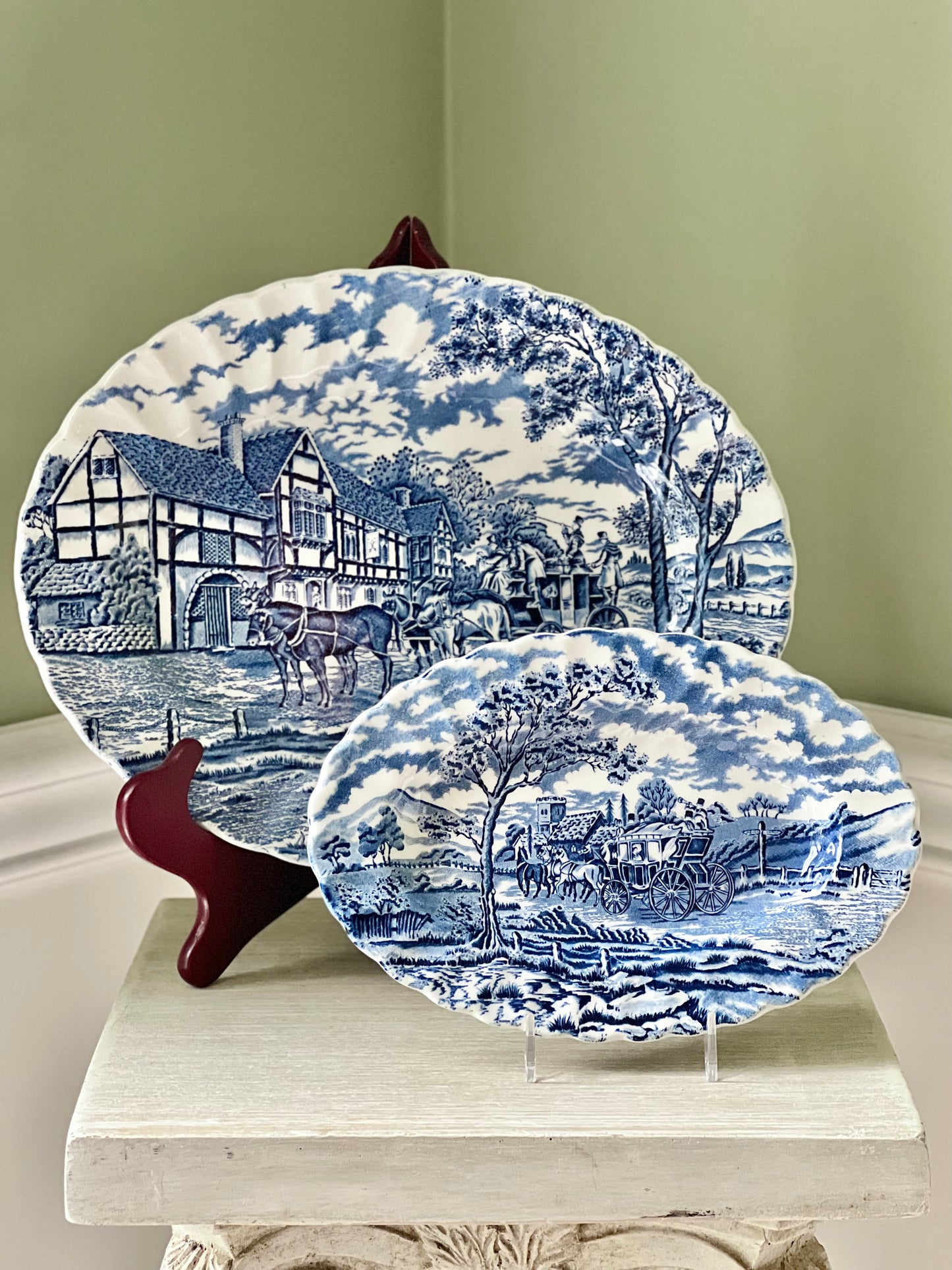 Pair of Vintage Myott Royal Mail Oval Blue & White Platters