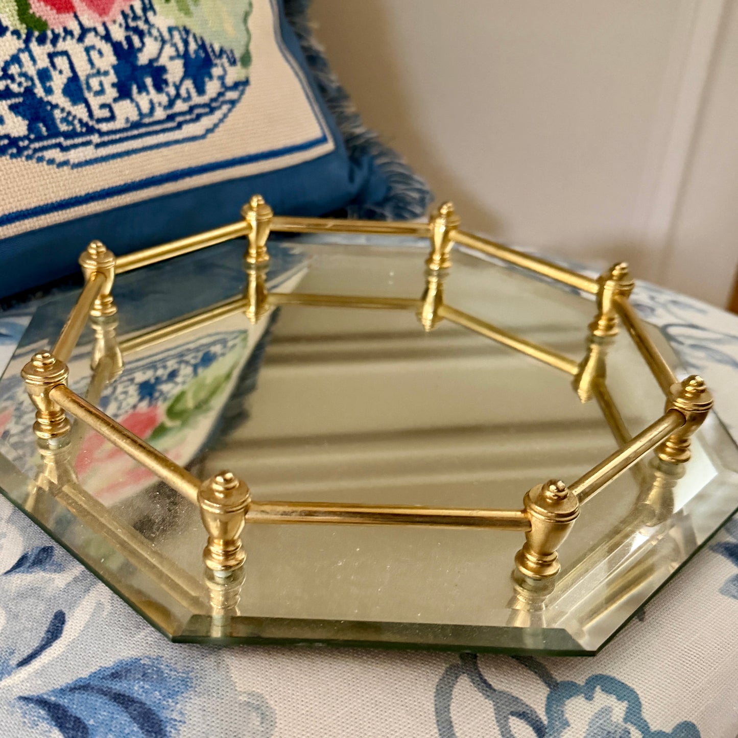 Gorgeous vintage octagon perfume mirrored tray with brass rail