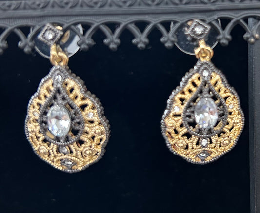 Pear shaped gold and oxidized earrings #22