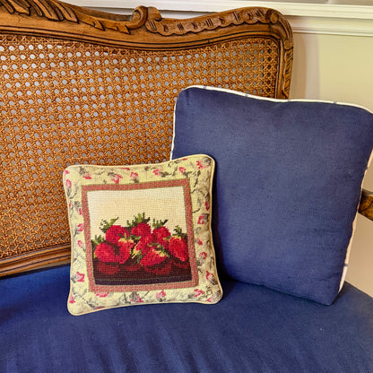 Adorable vintage strawberry botanical needlepoint throw pillow
