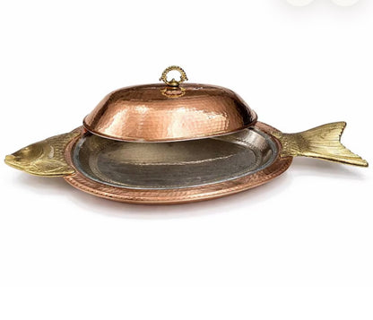 Massive Vintage Handcrafted Copper Fish Serving Tray with Lid Tin Lined, Hammered Copper Platter, Brass Details, Artisan Tableware