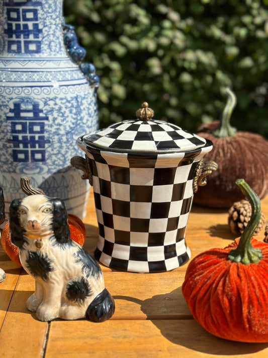 Danny's Fine Porcelain - Black & Which Check Jar W/ Bronze Lid and Shell Handles - 9L X 7W X 10H