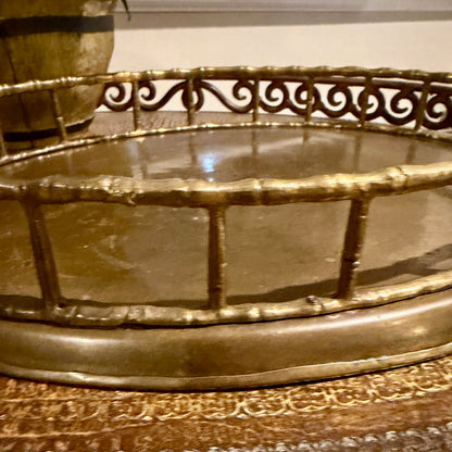 Vintage aged brass faux bamboo oval gallery tray w handles