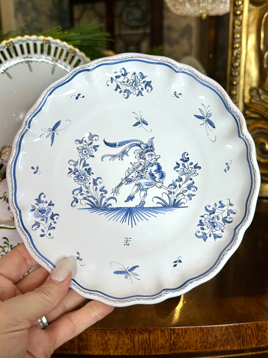 French Faience Hand painted Moustiers Blue & White Jester Plate