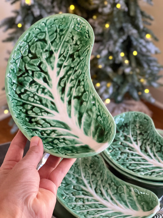 Set of 4, Cabbage Leaf Crescent Shaped Dishes, Made in Portugal