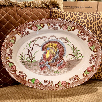 Massive brown & blue oval turkey holiday platter, 20 x 15