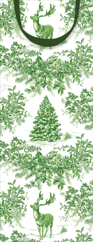 Caspari Christmas Toile Green Bottle Gift Bag – 5" × 3.5" × 13" | Holiday Wine Bag