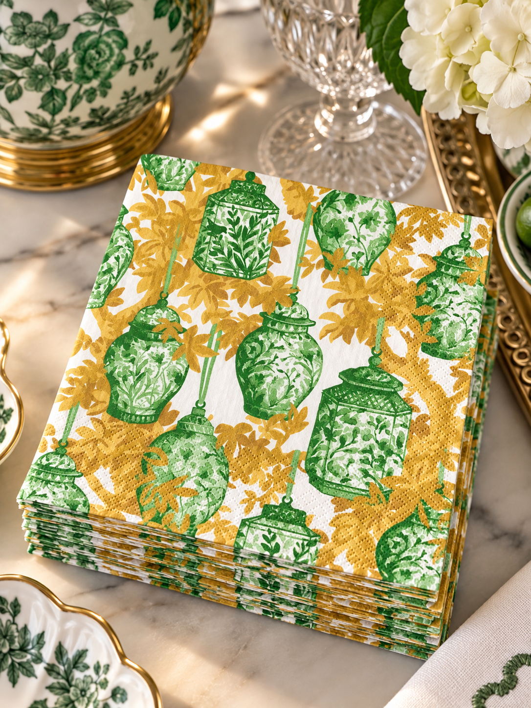 Caspari Ginger Jars Green & White Cocktail Napkins – Package of 20 | Chinoiserie Paper Napkins