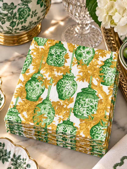 Caspari Ginger Jars Green & White Cocktail Napkins – Package of 20 | Chinoiserie Paper Napkins