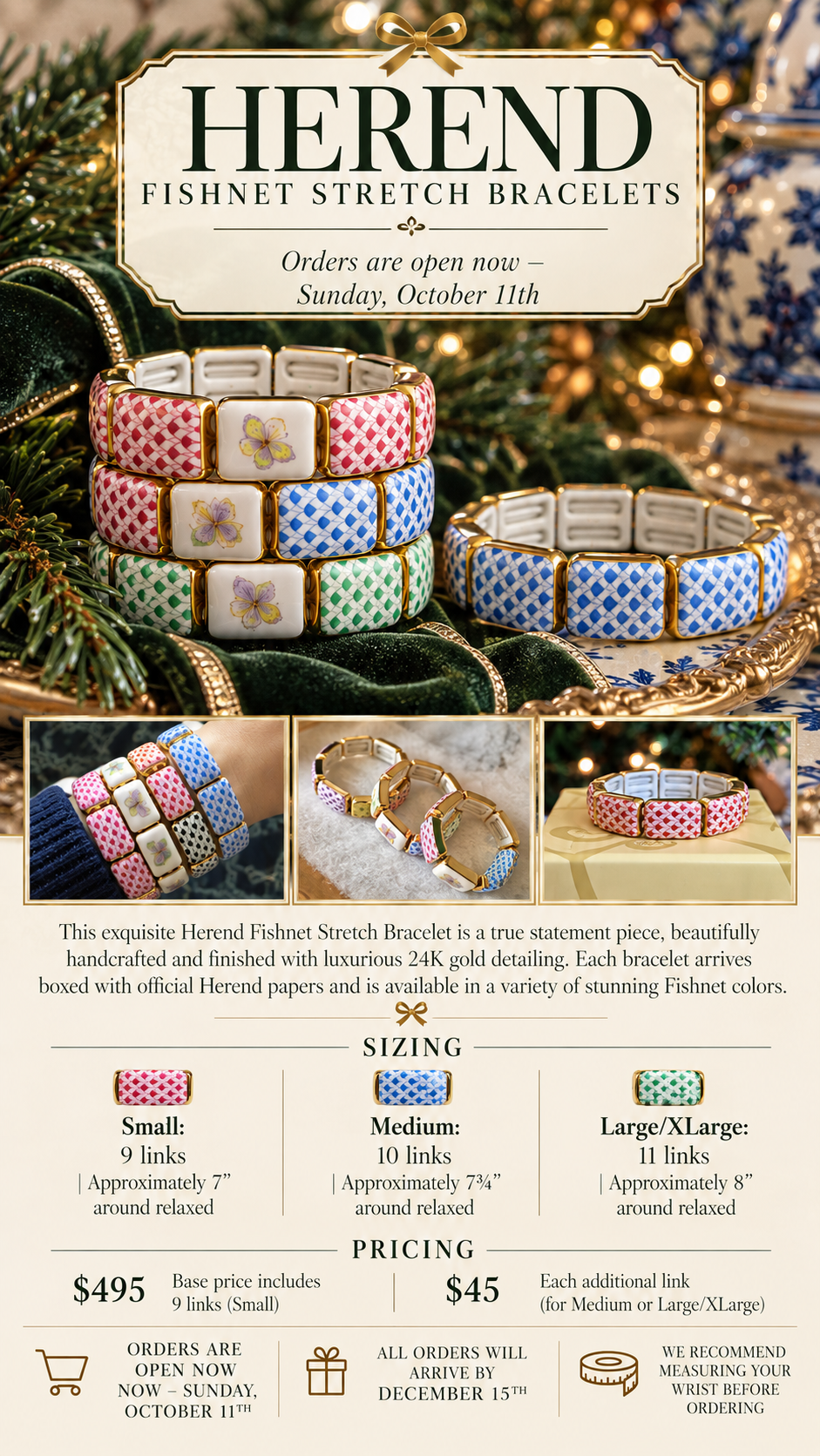 Herend Fishnet Link Stretch Bracelet (Multiple Colors Available) SHIPS DECEBER 1ST