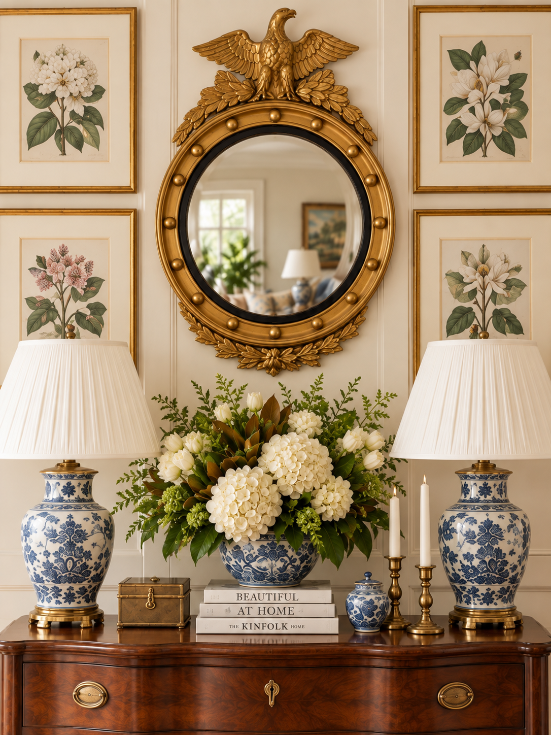 Vintage Federal Style Gilt Wood Convex Eagle Mirror | Gold Bullseye Mirror with Eagle & Laurel Crest | 28.5” H × 21.25” W