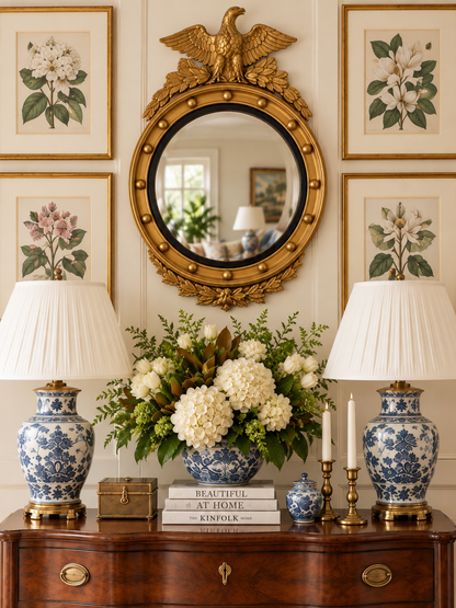 Vintage Federal Style Gilt Wood Convex Eagle Mirror | Gold Bullseye Mirror with Eagle & Laurel Crest | 28.5” H × 21.25” W