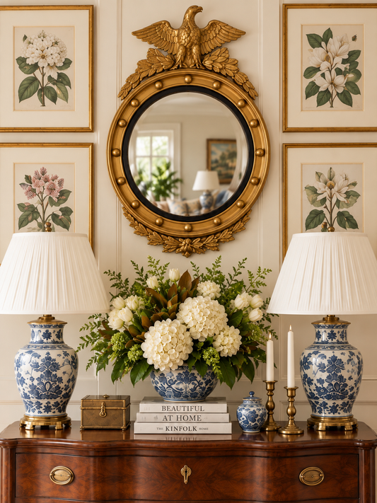 Vintage Federal Style Gilt Wood Convex Eagle Mirror | Gold Bullseye Mirror with Eagle & Laurel Crest | 28.5” H × 21.25” W