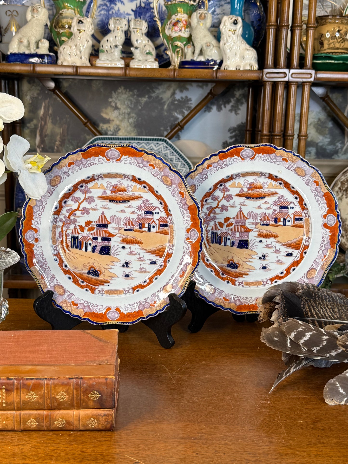Antique Ashworth Brothers Real Ironstone China Pattern 143 Imari Chinoiserie Plates, Pair, c.1865, Orange Blue & Gilt #DA4596
