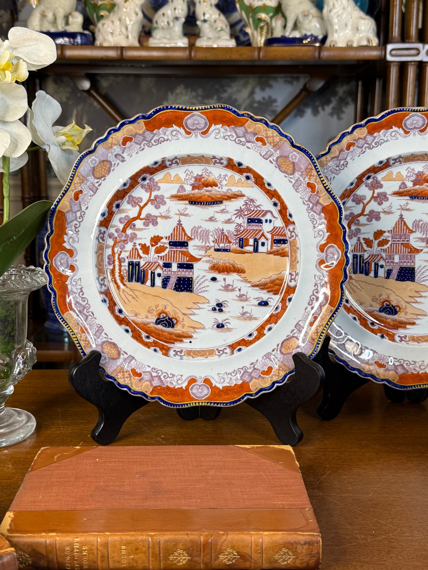 Antique Ashworth Brothers Real Ironstone China Pattern 143 Imari Chinoiserie Plates, Pair, c.1865, Orange Blue & Gilt #DA4596