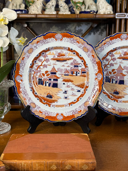 Antique Ashworth Brothers Real Ironstone China Pattern 143 Imari Chinoiserie Plates, Pair, c.1865, Orange Blue & Gilt #DA4596