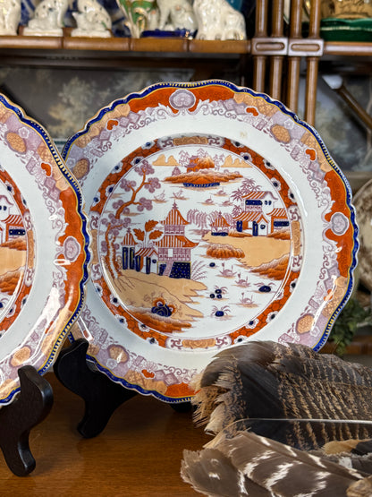Antique Ashworth Brothers Real Ironstone China Pattern 143 Imari Chinoiserie Plates, Pair, c.1865, Orange Blue & Gilt #DA4596